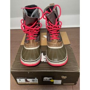 Sorel 1964 Premium CVS Boots in Brown with Bright Pink